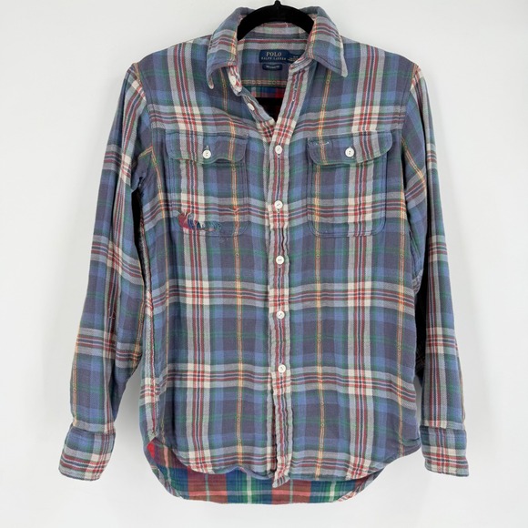 Polo Ralph Lauren Flannel Shirt Women S Blue Plaid Relaxed Fit Cabincore Grunge - Picture 5 of 12